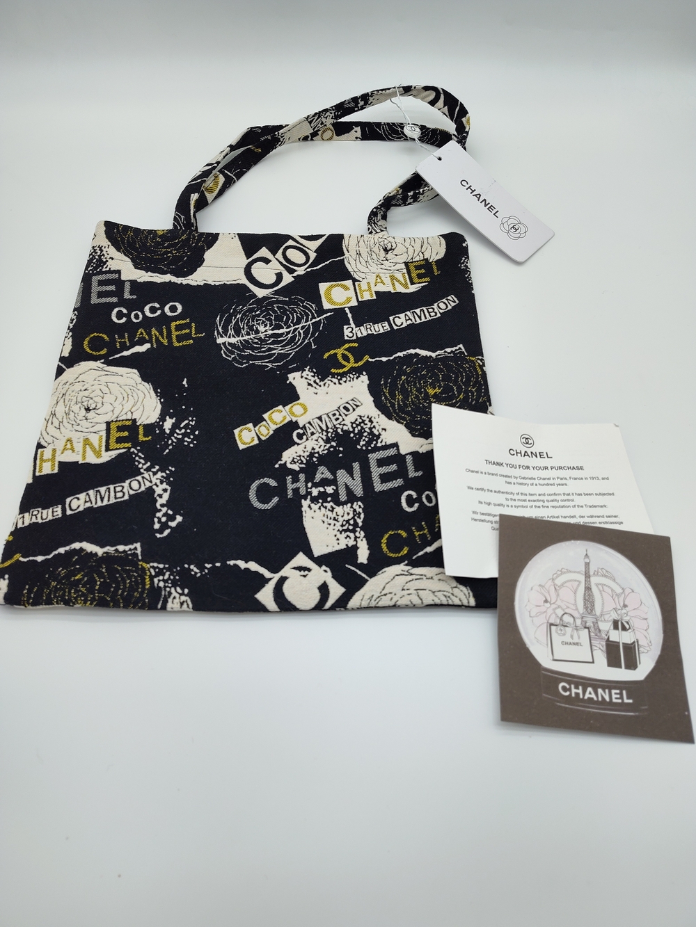 CHANEL Black Ivory Gold Rue Cambon Camellia Canvas Mini Tote Beauty Gift Bag NWT